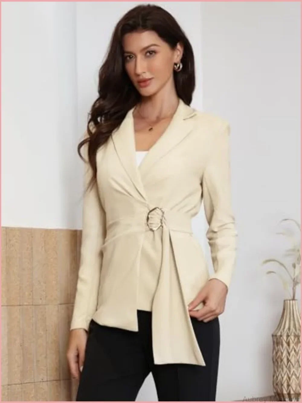 Business Casual Blazer with Notch Lapel & Buckle Waist Long Sleeve Office Jacket